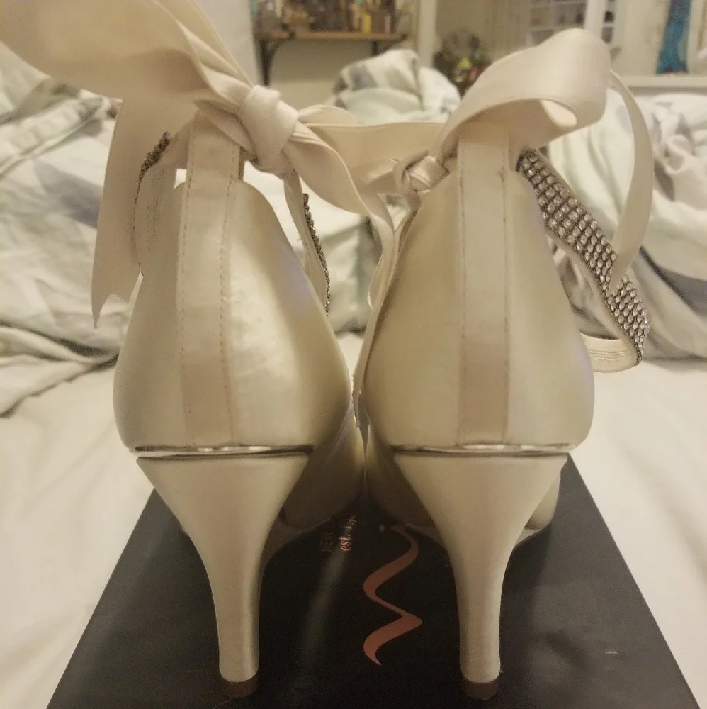 Nina Ivory Satin Wedge Peep-Toe with Rhinestone Ankle Strap